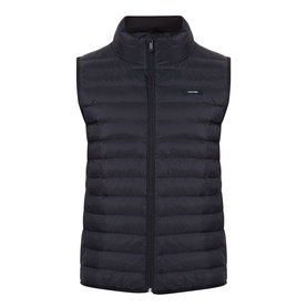 Calvin Klein Logo Padded Gilet in black, sleeveless with standing collar, zip fastening, and small logo badge on chest