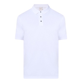 Calvin Klein Monogram Logo Polo Shirt in Bright White, flat collar, short sleeves, button fastening, and split side seams