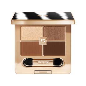 Sisley Phyto-Eye Palette in Tender Toffee, four warm brown and champagne shades in gold compact with animal-print lid and applicator brush
