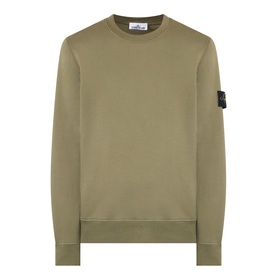 Stone Island Verde Militare cotton crew neck sweatshirt with signature sleeve badge patch