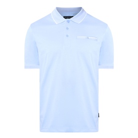 Bugatti Contrast Tipped Polo Shirt in light blue with white tipped collar, three-button placket, and chest pocket with button fastening.