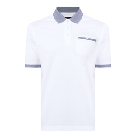 Bugatti Contrast Collar Polo Shirt in white with grey contrast collar, cuffs, chest pocket trim, short sleeves, and three-button placket.