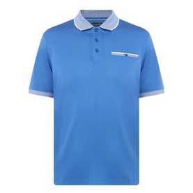 Bugatti Tipped Logo Polo Shirt in dark blue with contrast white tipped collar and cuffs, chest pocket with button fastening, short sleeves