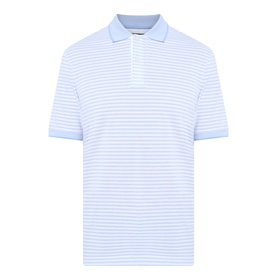 Bugatti Stripe Logo Polo Shirt in light blue and white horizontal stripes, flat collar, short sleeves, button fastening