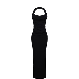 House of CB Sahar Sculpting Halterneck Gown in black, ruched gathered bodice, halter neckline, floor-length maxi silhouette