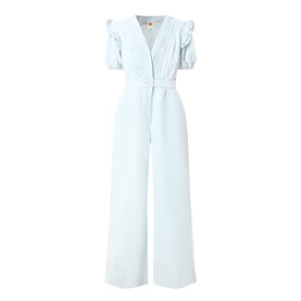 Puff Sleeve Pintuck Denim Jumpsuit