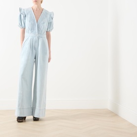 Puff Sleeve Pintuck Denim Jumpsuit