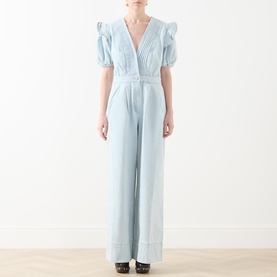 Puff Sleeve Pintuck Denim Jumpsuit