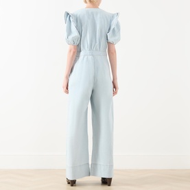 Puff Sleeve Pintuck Denim Jumpsuit
