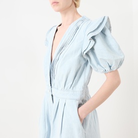 Puff Sleeve Pintuck Denim Jumpsuit