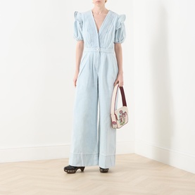 Puff Sleeve Pintuck Denim Jumpsuit