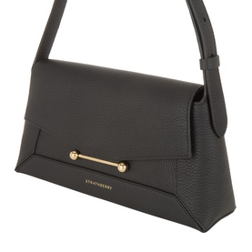 Strathberry Mosaic Shoulder Bag in black grained leather, gold-tone bar embellishment, flap closure, single shoulder strap