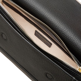 Strathberry Mosaic Shoulder Bag in black grained leather, open interior view showing zip pocket, pale lining, and gold-tone hardware detail