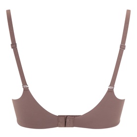Calvin Klein bra in Botanical Brown, back view showing adjustable straps and hook-and-eye fastening, smooth nylon finish
