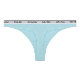 Calvin Klein Icon Logo Thong in blue, low-rise thong style with black elasticated logo waistband, flat lay view