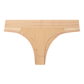 Lejaby thong in Powerskin 389, smooth nude fabric with elasticated waistband and sheer side panels.