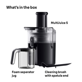 Braun MultiJuice 5 Spin Juicer in black, shown with foam separator jug and cleaning brush with spatula end included in box.