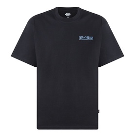 Dickies Fairlawn Graphic T-Shirt in black, crew neck, short sleeves, with blue Dickies chest logo graphic on smooth cotton finish.