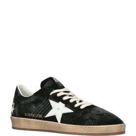 Golden Goose Ball Star Stitched 80203 black suede trainers with white star, cream laces, and distressed rubber sole