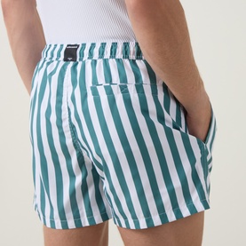 Model wearing Bjorn Borg blue and white vertical stripe swim shorts, rear view showing back pocket and elasticated waistband.
