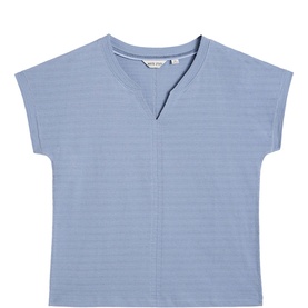 White Stuff Nelly Notch Textured T-Shirt in blue, notch-neck detail, short sleeves, textured cotton fabric, flat lay view