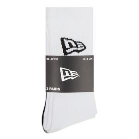 New Era Three-Pack Flag Logo Crew Socks in white with black flag logo branding, crew length, reinforced toes and heels