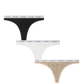 Calvin Klein Three-Pack Icon Logo Thongs in black, white and leopard print with signature logo elastic waistband