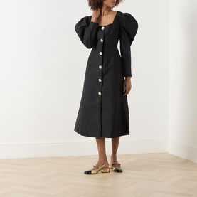 Cinematic Puff-Sleeve Jacquard Flared Dress