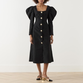 Cinematic Puff-Sleeve Jacquard Flared Dress