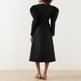Cinematic Puff-Sleeve Jacquard Flared Dress