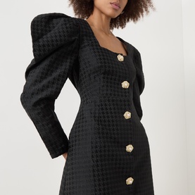 Cinematic Puff-Sleeve Jacquard Flared Dress