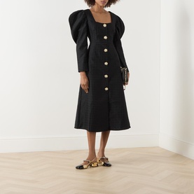 Cinematic Puff-Sleeve Jacquard Flared Dress