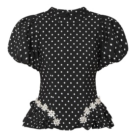 Scene Puff-Sleeve Polka Dot Blouse