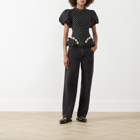 Scene Puff-Sleeve Polka Dot Blouse