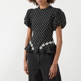 Scene Puff-Sleeve Polka Dot Blouse