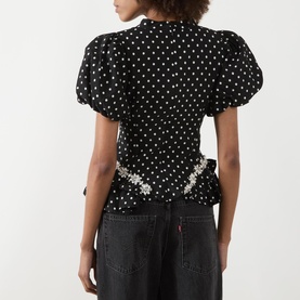 Scene Puff-Sleeve Polka Dot Blouse