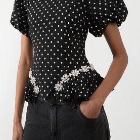Scene Puff-Sleeve Polka Dot Blouse