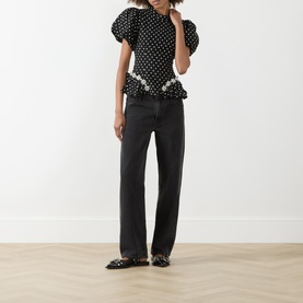 Scene Puff-Sleeve Polka Dot Blouse
