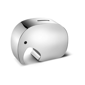 Georg Jensen Moneyephant Money Bank in polished silver stainless steel, elephant-shaped coin bank with trunk detail and coin slot