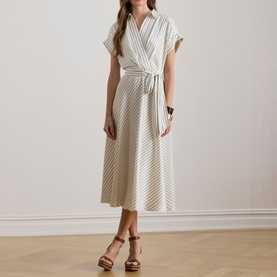 Striped Belted Wrap Shirt Dress