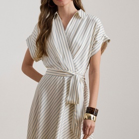 Striped Belted Wrap Shirt Dress