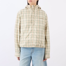 Model wearing Acne green/orange check cotton hooded jacket, styled with light blue jeans. Half-zip pull-on style.