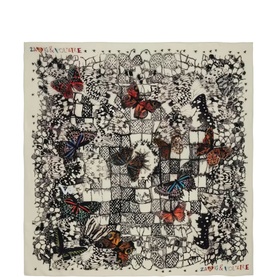 Zadig Blondie Butterfly Lace 130 Scarf in white silk, featuring an intricate butterfly and lace print in black and multicolour
