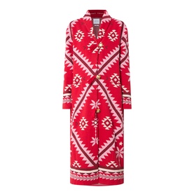 Hayley Menzies Sundance Printed Duster Cardigan in red, featuring tapestry-inspired geometric motifs, shawl collar, button fastening and long length.