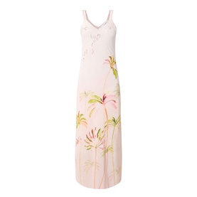 Hayley Menzies Palmera Silk Slip Dress in pink, maxi length with watercolour tropical palm print, V-neckline and wide scalloped straps