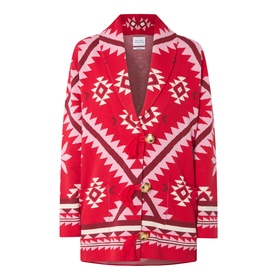 Hayley Menzies Sundance Printed Cardigan in red, shawl collar, gold button fastening, tapestry-inspired geometric motifs, patch pockets