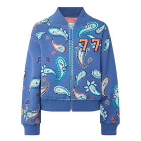 Hayley Menzies Jimi Bandana Print Bomber Jacket in blue with paisley print, orange 77 embroidery, zip fastening and ribbed trims