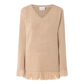 Hayley Menzies Fringe Cashmere Sweater in camel with V-neckline, long sleeves, and fringed hem trim