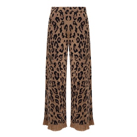 Hayley Menzies Cosmic Cat trousers in tan and black leopard jacquard knit, wide-leg silhouette with fringe hem detail