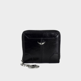 Zadig Sunny Mini Vintage Patent Wallet in black patent leather with silver wing motif, zip-around closure and medallion charm detail